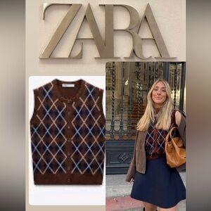 Zara Women's Brown Argyle Knit Vest